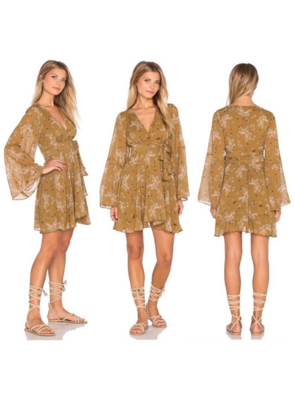 Free People Lilou Floral Printed Bell Sleeve Mini Dress in Toffee